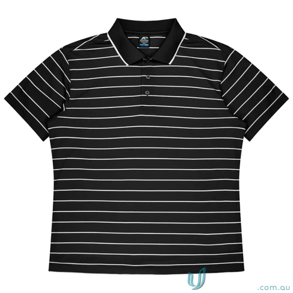 Vaucluse Mens Polo shirt with black fabric and thin white stripes for casual polo style
