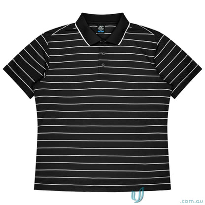 Vaucluse Mens Polo shirt with black fabric and thin white stripes for casual polo style