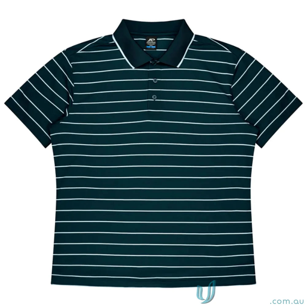 Dark green Vaucluse Mens Polo shirt with white stripes, perfect for casual polo and uniforms