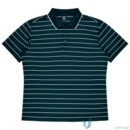 Dark green Vaucluse Mens Polo shirt with white stripes, perfect for casual polo and uniforms
