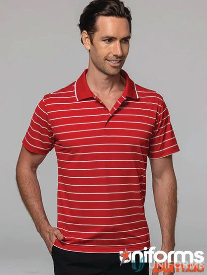 Vaucluse Mens Polo shirt in red and white striped fabric, perfect for casual uniforms