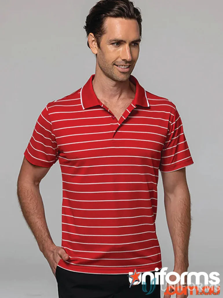 Vaucluse Mens Polo shirt in red and white striped fabric, perfect for casual uniforms