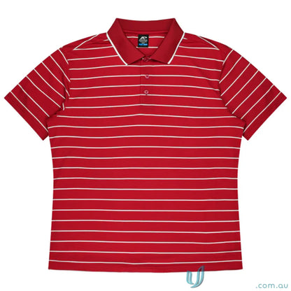 Red polo shirt with thin white stripes and white collar trim from Vaucluse Mens Polo
