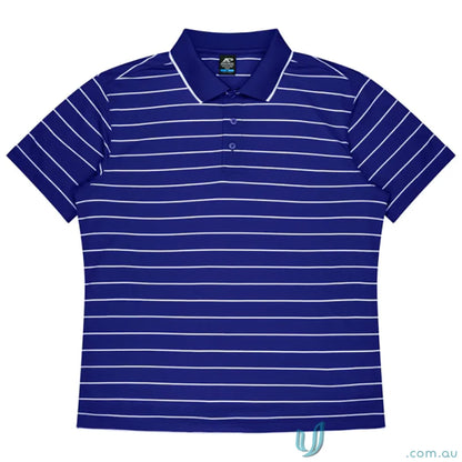 Royal blue Vaucluse Mens Polo with thin white stripes and comfy fabric perfect for uniforms