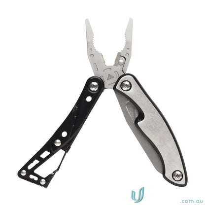 Open VersaGrip multi-tool with pliers, knife, carabiner, and 420j2 drop blade stainless steel