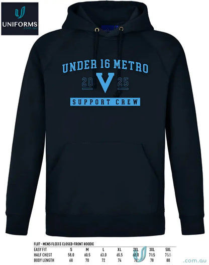 Dark blue Vic Metro adult fleece hoodie with light blue text and front pocket
