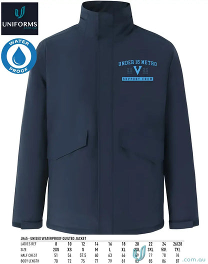 Dark blue Vic Metro Waterproof Quilted Jacket with high collar and front pockets