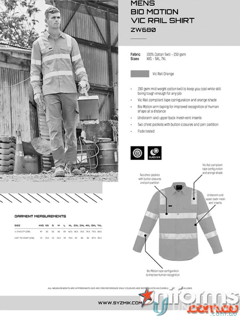 VIC Rail Bio Motion men’s high-visibility rail long sleeve work shirt for safety