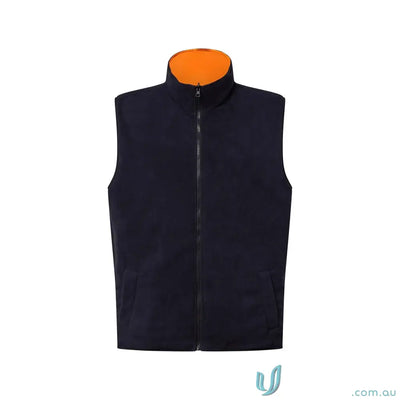 Dark blue VIC Rail Hi Vis Reversible Fleece Reflective Vest with orange collar and embroidery access zip