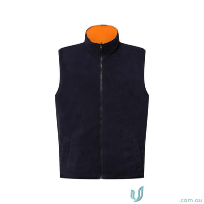 Dark blue VIC Rail Hi Vis Reversible Fleece Reflective Vest with orange collar and embroidery access zip