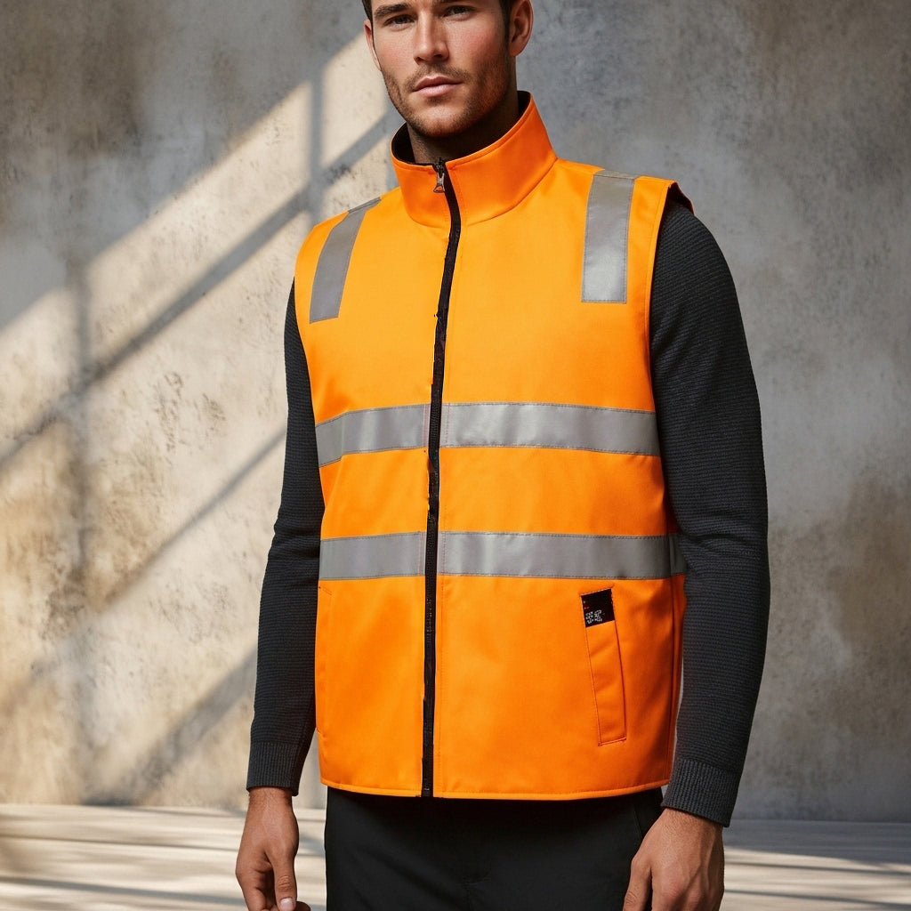 VIC Rail HiVis reversible fleece reflective vest, bright orange with embroidery access zip