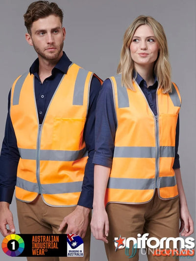 Two people rocking bright orange VIC Rail HiVis Safety Vest with reflective stripes
