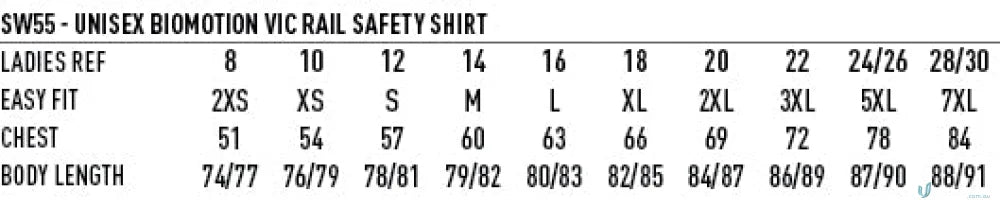 Unisex VIC Rail Lightweight Safety Shirt size chart for keeping cool on the job