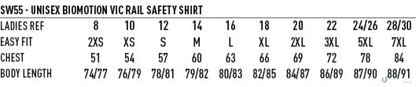 Unisex VIC Rail Lightweight Safety Shirt size chart for keeping cool on the job