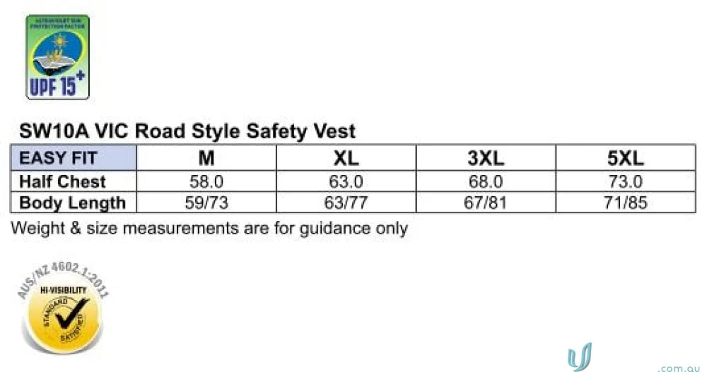 Safety vest size chart for VIC Road Style Safety Vest showing SW10A safety vest fit