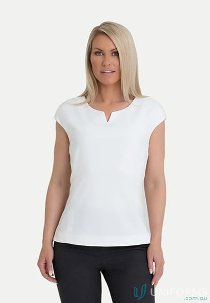 Victoria Ladies Shell Top featuring a woman in a white ladies shell top style