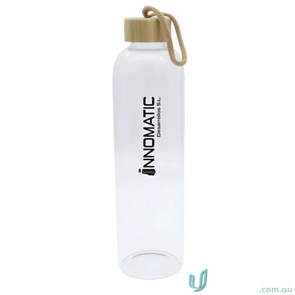 Clear borosilicate glass water bottle with natural bamboo lid and rope handle
