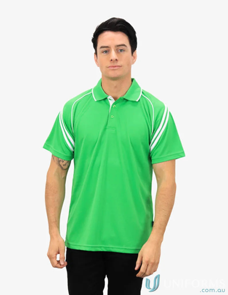 Viper SS Polo in green with white stripes featuring cooldry moisture management tech