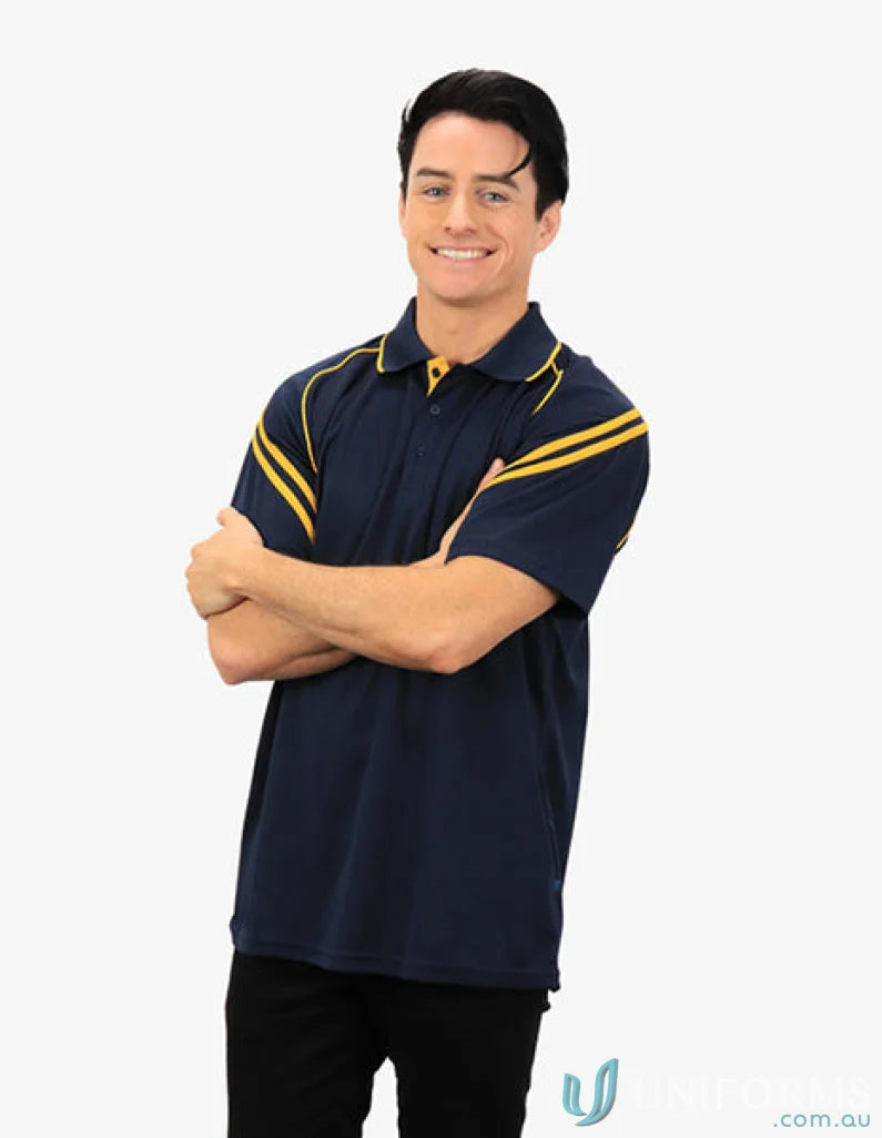 Viper SS Polo navy blue with yellow stripes showcasing cooldry moisture management tech