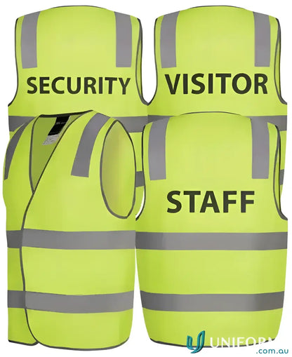Four bright yellow high-visibility workwear vests with reflective stripes for extra large uniforms