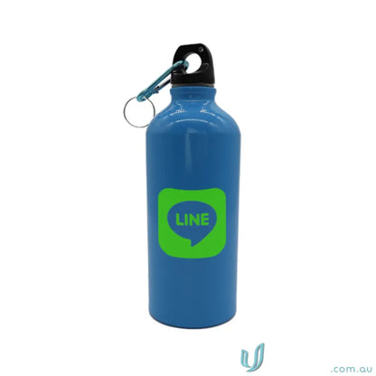 Blue Voyager 600ml aluminium water bottle with LINE logo and carabiner clip for hiking