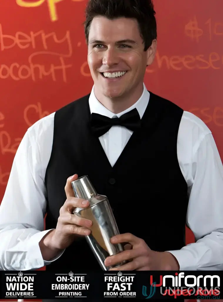 JBs Waiting Vest with bartender uniform and bow tie, perfect fit with sizing specs