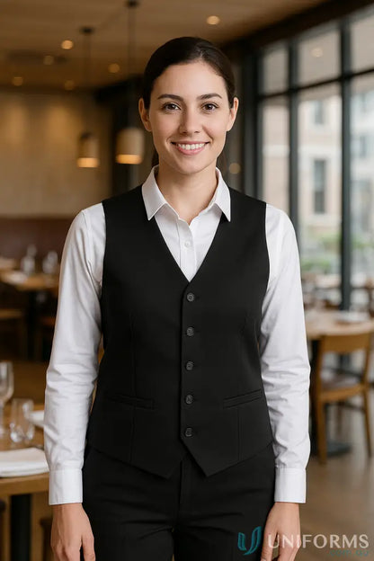 Woman’s black waiting vest and white shirt, perfect for JBS Waiting Vest sizing specifications