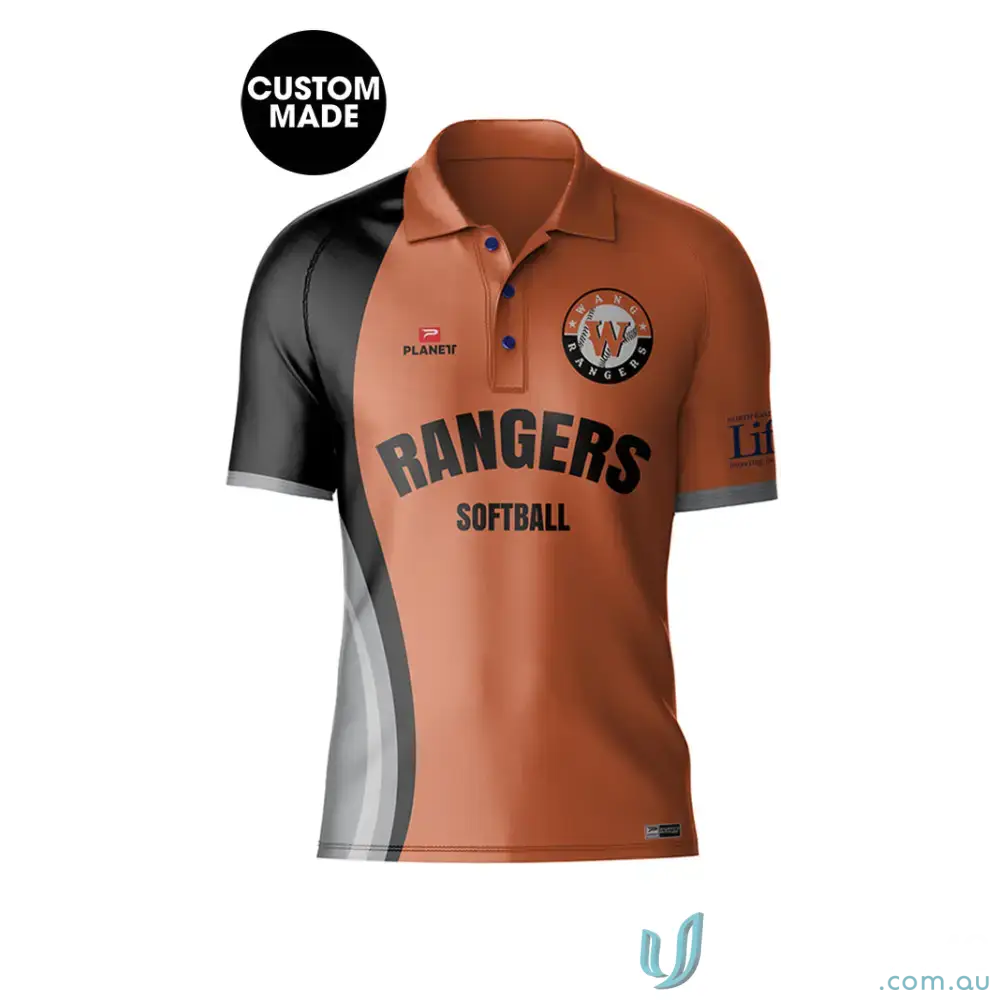 Custom-made Wang Rangers softball polo shirt in orange and black for ladies