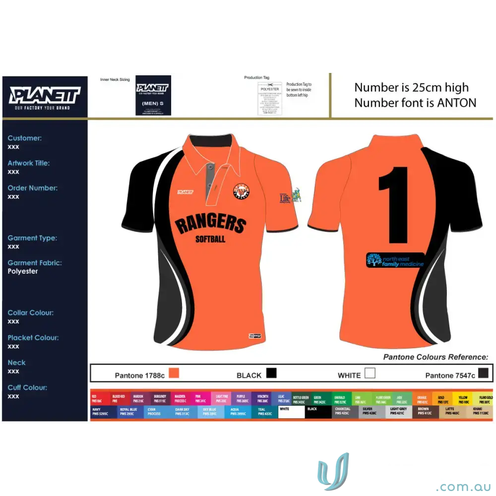 Orange and black Wang Rangers softball polo shirt with stylish softball jersey design