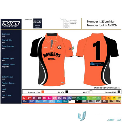 Orange and black Wang Rangers softball polo shirt with stylish softball jersey design