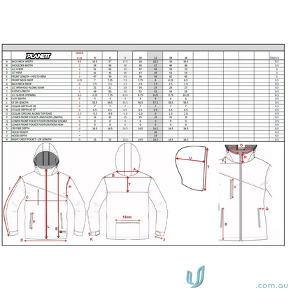 Clothing size chart with diagram for Wang Rangers Youth Subshell Jacket featuring 320gm 3-layer softshell