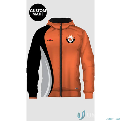 Custom-made orange and black Wang Rangers youth subshell jacket with 320gm 3-layer softshell