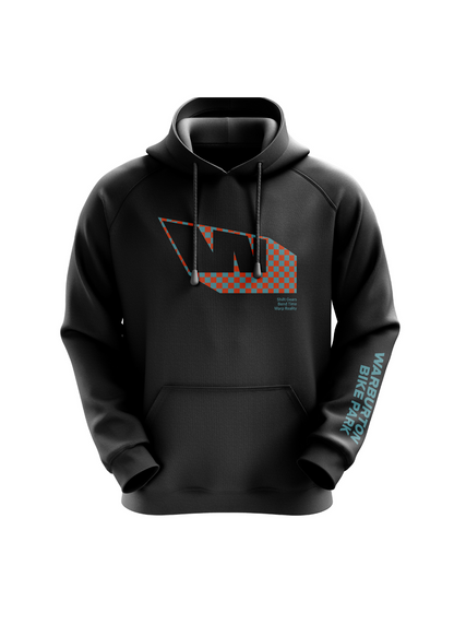 Black hooded sweatshirt with a geometric design.