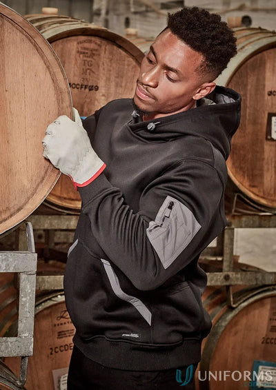 Black work hoodie with gray accents, unisex water resistant soft fleece hoodie for outdoors