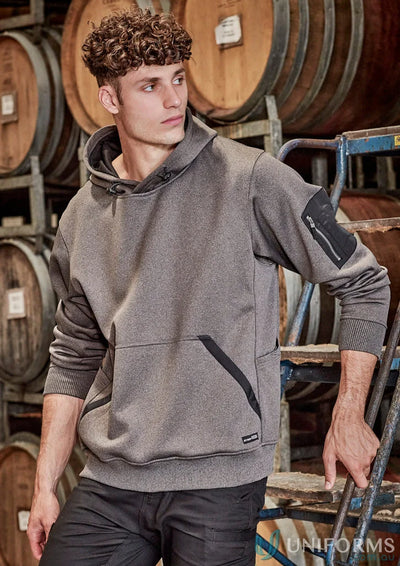 Gray hooded water resistant hoodie with black accents, soft fleece unisex style