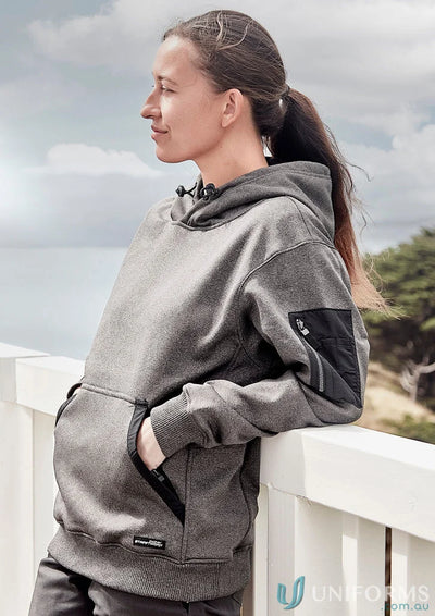 Gray hooded sweatshirt with quilted pocket, soft fleece unisex water resistant hoodie sitting stylishly