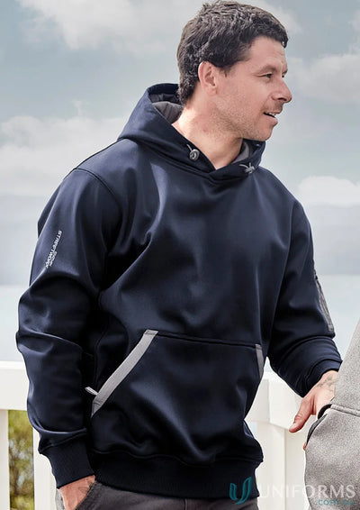 Navy blue unisex water resistant hoodie made of soft fleece for comfy outdoor wear