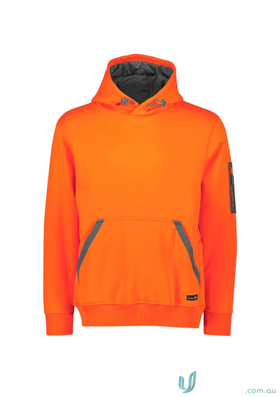 Orange hooded sweatshirt with gray accents, soft fleece, unisex water resistant hoodie