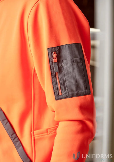 Orange water resistant hoodie with zippered sleeve pocket and soft fleece lining