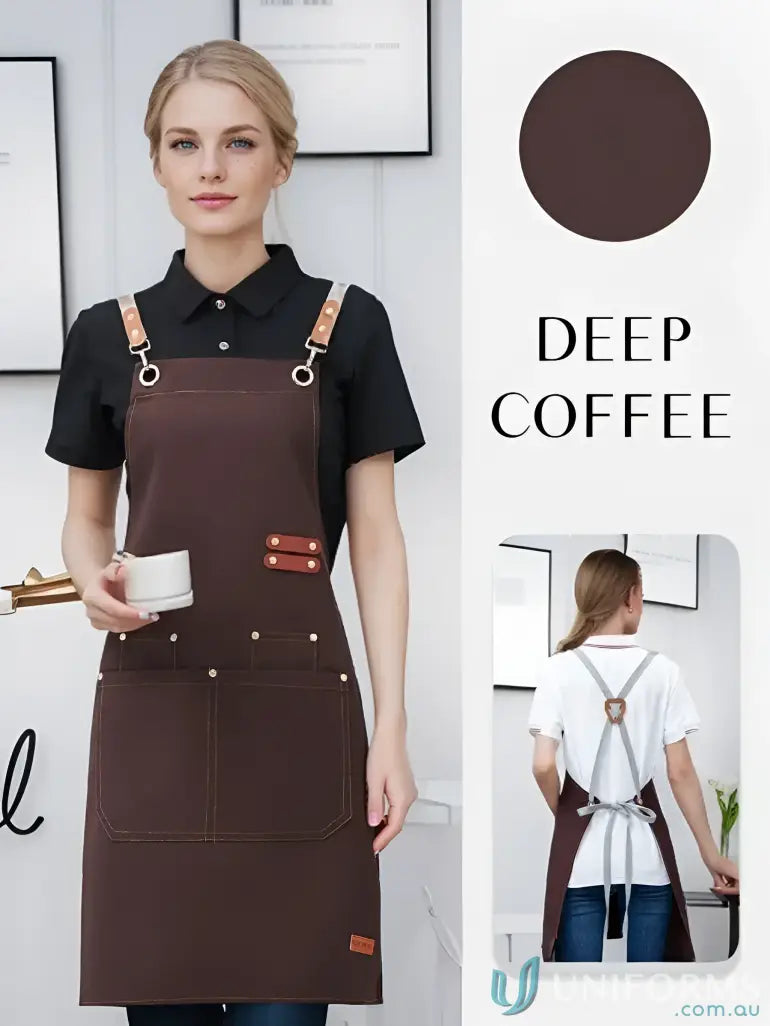 Deep coffee brown waterproof canvas kitchen apron with adjustable straps and pockets