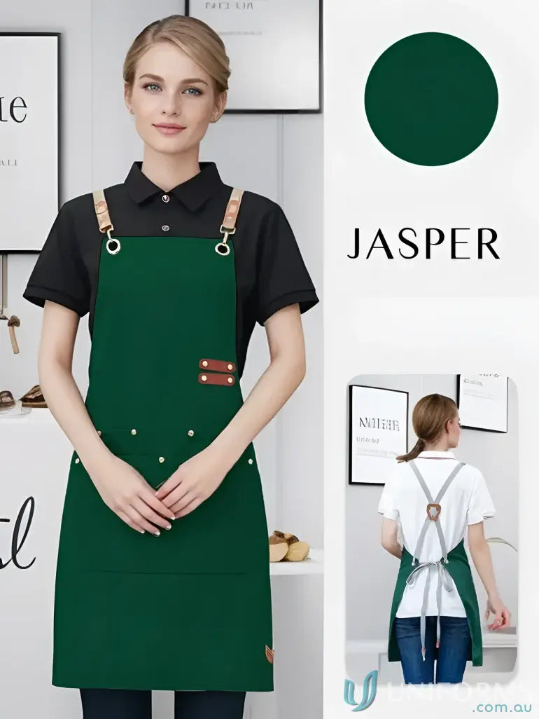 Dark green waterproof canvas kitchen apron with light brown leather straps in vibrant colors