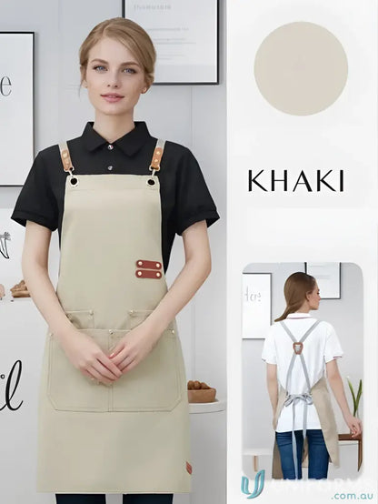 Khaki waterproof canvas kitchen apron with leather straps and pockets in vibrant colors