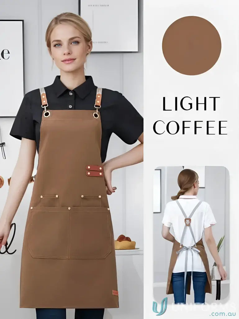Light coffee colored waterproof canvas kitchen apron with adjustable straps and pockets