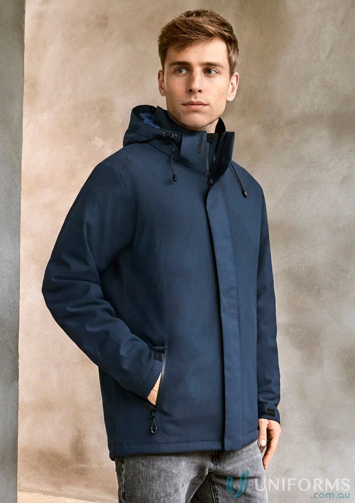Navy hooded men’s eclipse jacket with waterproof design and luxury quilted lining