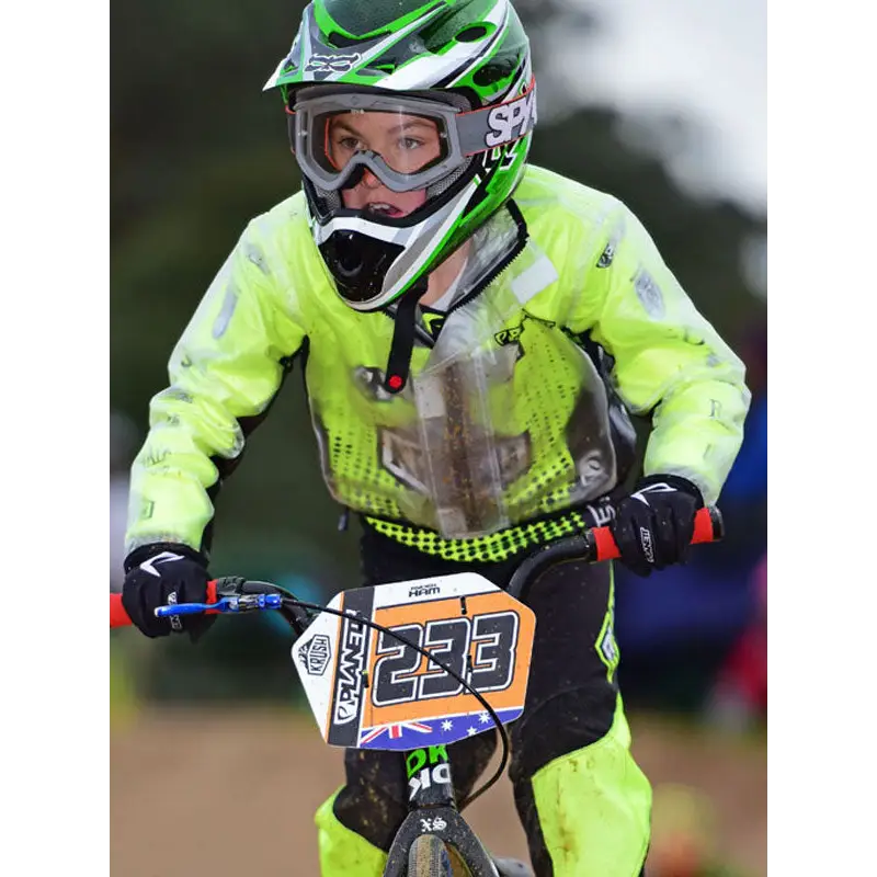 A bright neon green motocross helmet with black and white accents featuring clear visor perfect for work uniforms