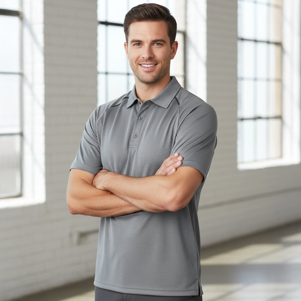 Gray Watsonia cyber polo shirt with textured fabric and classic collar