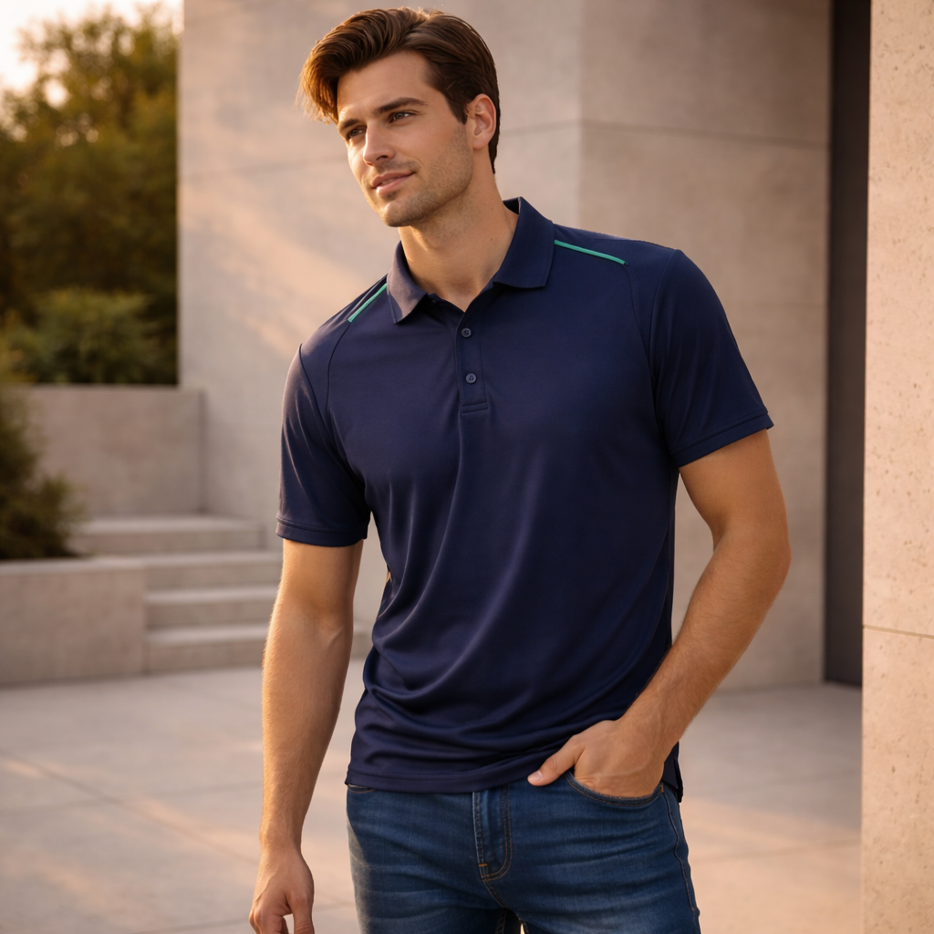 Navy Watsonia Polo with teal stitching, cyber polo biz cool style