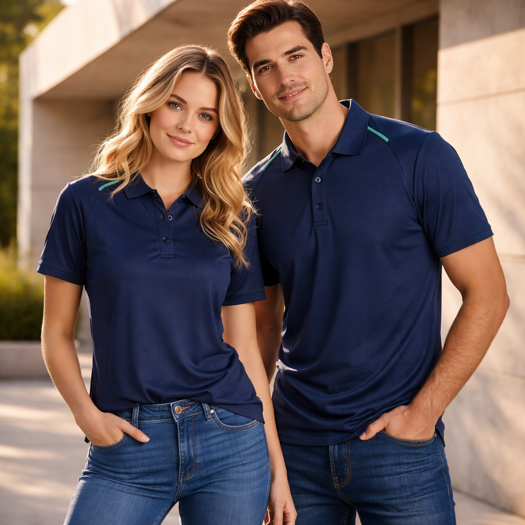 Watsonia Polo navy blue cyber polo with teal accent stitching