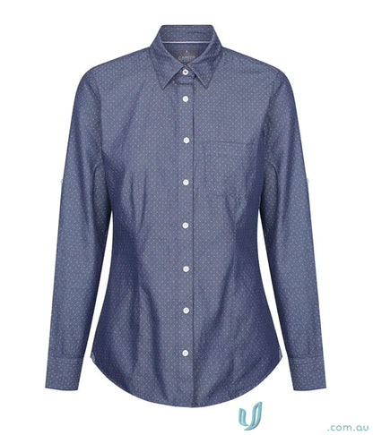 Blue denim dobby long sleeve women’s shirt with white polka dots and chest pocket