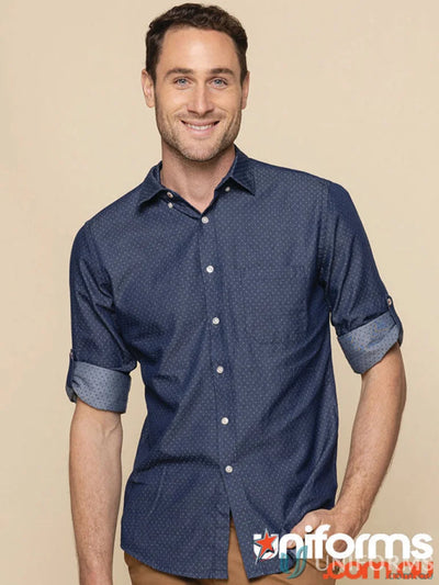 Wellington Denim Dobby LS Shirt men’s long sleeve dark blue polka dot shirt